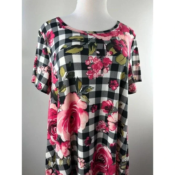 Lularoe Jessie Dress Pockets Scoop Neck Plaid Floral Short Sleeve Plus Size 3XL - Picture 3 of 6